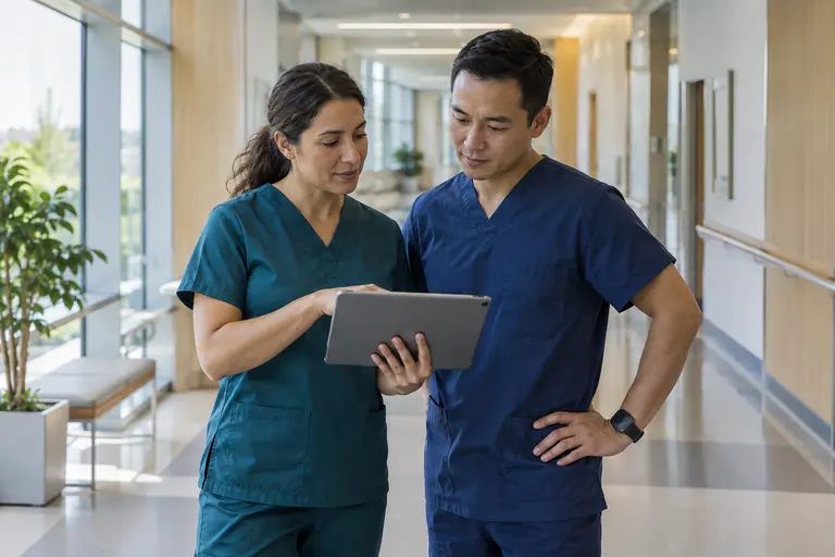 Illustrative hospital staff discussing workplace safety