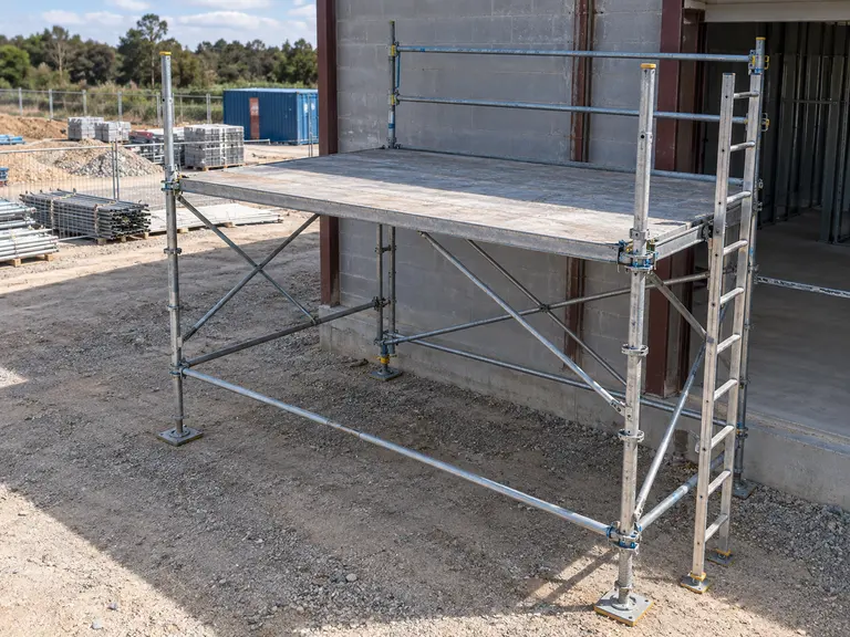 Synthetic training scene: scaffold platform with an incomplete guardrail along its open edge